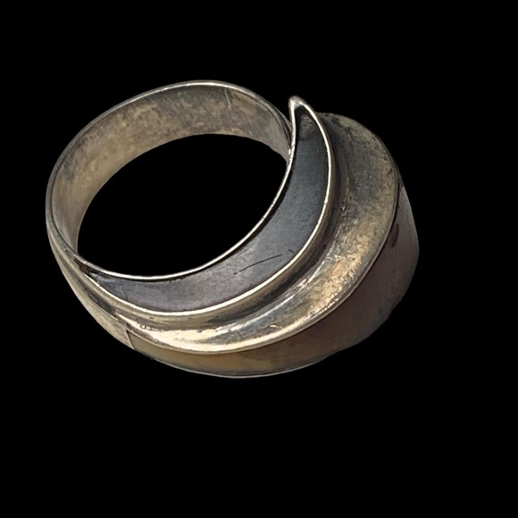 Vintage FCA Amber Inlay Taxco Mexico Sterling Silver Modernist Unique Men’s Ring - Picture 6 of 14